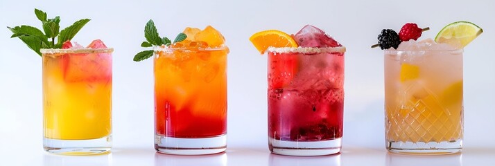 four juice glasses , set of cool drinks category on white background - obrazy, fototapety, plakaty