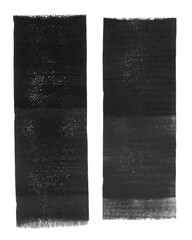 Linocut, relief printing rectangle textures, stripes. Black and white artistic linocutting text backgrounds with rough uneven edge. Paint roller stains, wide textured lino ink remains.