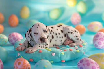 A peaceful Dalmatian puppy with soft, Easter egg-patterned spots, resting on a tranquil, blue-hued surface, encircled by a harmonious array of cool-toned Easter eggs.