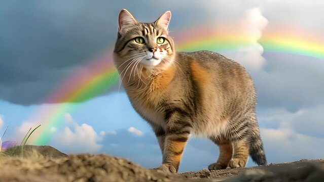 Cute pet cat is going to rainbow. Metaphor for pet's departure to afterlife