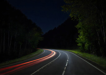 Fototapeta premium Nighttime Journey on an Empty Highway with Speeding Cars, Surrounded by Mountains, Trees, and a Starry Sky