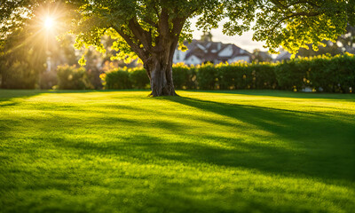Backyard expanse, vibrant green neatly trimmed grass showcasing an area