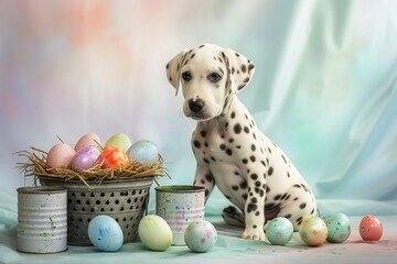 A serene Dalmatian puppy with cans of translucent, watercolor paints and a basket of delicately dyed Easter eggs, on a surface resembling watercolor paper.