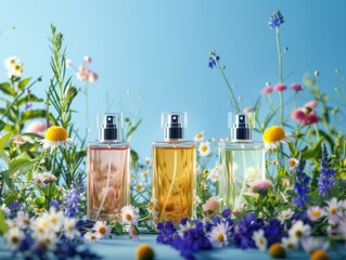 photo three perfume bottles with flowers on blue background - obrazy, fototapety, plakaty