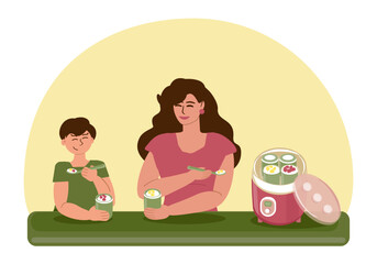 Mom and son eat homemade fruit yogurt together in a good mood. There is an electric yogurt maker with the finished product on the table. Useful and healthy food, family at breakfast. Vector 