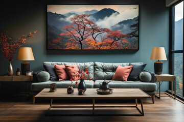 Elevate your living room ambiance by incorporating a simple frame holding a breathtaking nature painting, adding a touch of tranquility to your space.