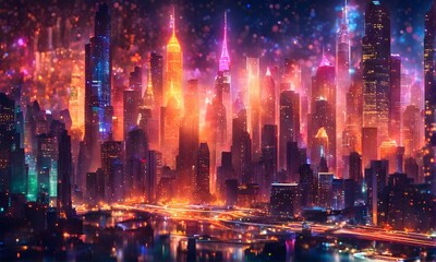 Obraz premium Abstract cityscape at night with futuristic financial elements