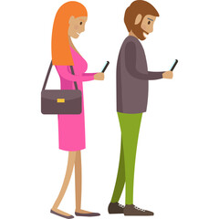 Man and woman using mobile phone standing in row vector icon isolated on white