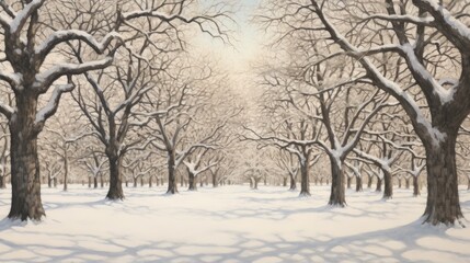 a painting of snow covered trees in a wooded area with a light dusting of snow on the ground and on the ground.