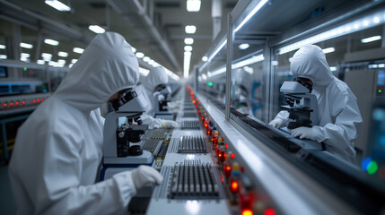 a group of people in protective suits are working in a factory - obrazy, fototapety, plakaty
