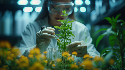 A female scientist is studying a flowering plant in a laboratory - obrazy, fototapety, plakaty