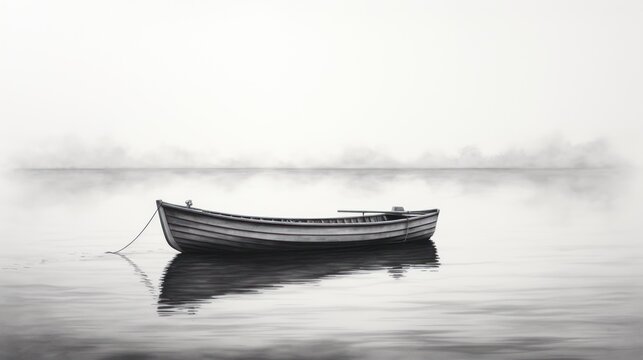 a black and white photo of a boat on a foggy lake with a foggy sky in the background.