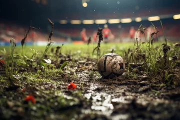 Papier Peint photo autocollant Herbe Soccer Ball on green grass, football on the ground, soccer ball on the grass and on the ground, football ground, healthy games, football stadium, soccer ball stadium