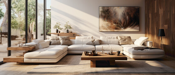 Step into a modern oasis featuring a modular corner sofa, seamlessly integrated into a spacious room. 