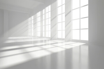 Empty Spacious and Bright Interior white room with light coming in through large windows