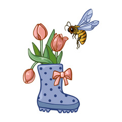 Garden boot with a bouquet of tulips in a flying wasp isolated on a white background.