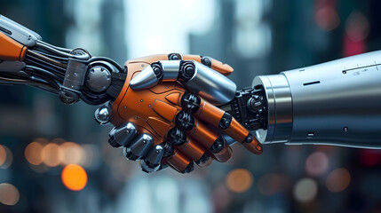A robot hand in a suit is shaking hands with a human hand. - obrazy, fototapety, plakaty