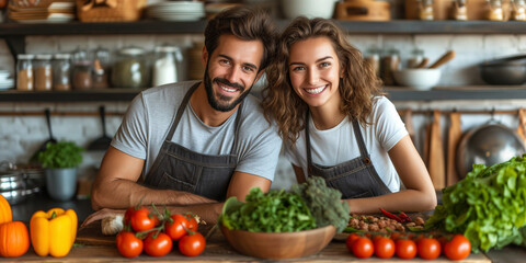 Young couple is cooking together, healthy lifestyle, fresh fruits and vegetables, rural kitchen, italian food - obrazy, fototapety, plakaty