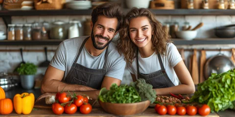 Foto op Canvas Young couple is cooking together, healthy lifestyle, fresh fruits and vegetables, rural kitchen, italian food © Berit Kessler