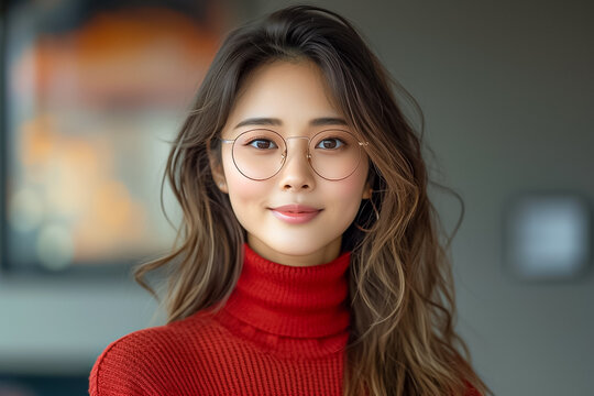 Photo of happy smiling cheerful pretty lovely Chinese girl in glasses wear red turtleneck