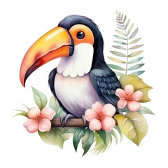 Watercolor Toucan with Floral Accents