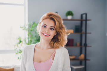 Photo of cheerful lovely peaceful young lady beaming smile enjoy pastime calmness serenity house...