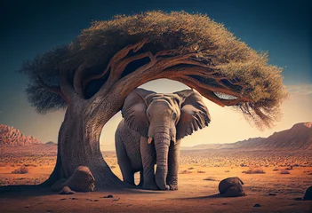 Foto op Plexiglas An elephant seeks shade beneath a solitary tree amidst the desert © shevtsovy