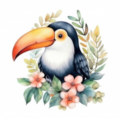 Watercolor Toucan with Floral Accents