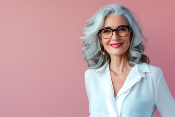 Beautiful elegant elderly smile lady model in white blouse on pink background