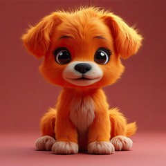 Flat Logo of Cute Baby Dog with Big Eyes: Lovely Little Animal, 3D Rendering Cartoon Character