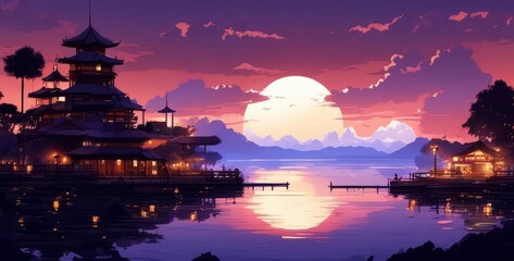 An illustration of an evening Asian city by the sea at sunset.