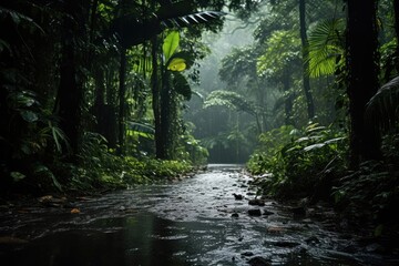 Obraz premium Southeast Asian rainforest with deep jungle, Exotic foggy forest. Jungle panorama, forest oasis. Foggy dark forest. Natural forest landscape, nature landscape wallpaper, nature hd background, nature