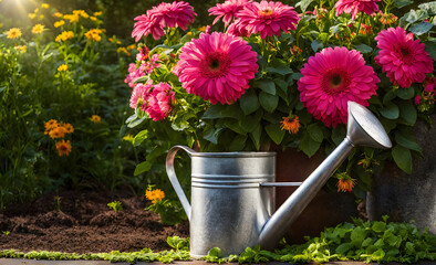 A watering can and rubber boots amidst a flourishing garden
