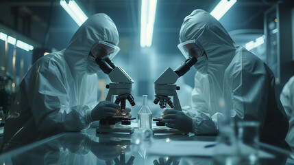 Two scientists examining specimens under microscopes in a lab