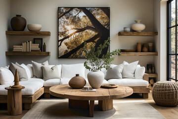 Picture a cozy modern living room with a round wood coffee table positioned alongside a crisp white sofa, set against a wall adorned with shelves and four carefully framed artworks. 