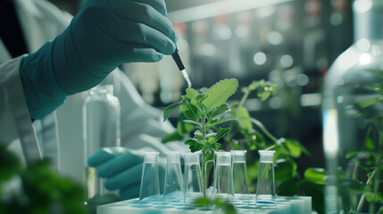 a scientist is working on a plant in a laboratory - obrazy, fototapety, plakaty