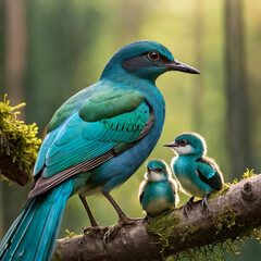 Obraz premium A beautiful bird is sitting on a tree with her two chicks - Ai generated 