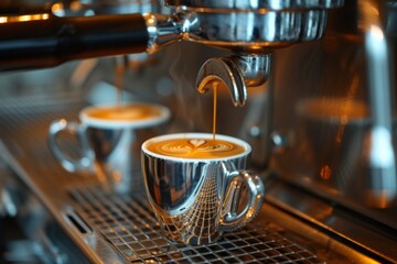 Espresso pouring from coffee machine at cafe