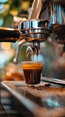 Fototapeta na wymiar Espresso pouring from coffee machine at cafe