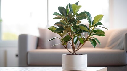 Ficus elastica (rubbery, black ficus, elastic, black prince) planted in a black ceramic pot decoration in the living room. The concept of minimalism. Houseplant care concept.