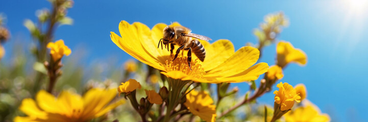 Bee and flower. Close up of a large striped bee collects honey on a yellow flower on a Sunny bright day. Macro horizontal photography. Summer and spring backgrounds
