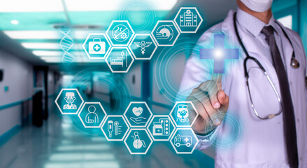 doctor interacting with virtual screen, touching medical graphics. health services icons. Innovative medical technology and network connection.