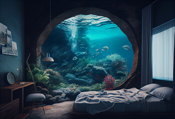 hotel bedroom interior in the style of underwater