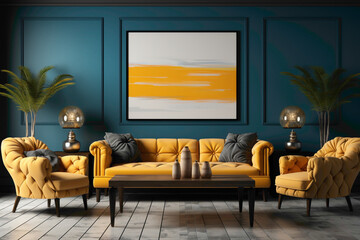 Visualize the simplicity of a setting featuring blue and yellow sofas arranged around a wooden table against a blank wall.