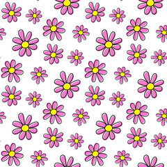 Small beautiful shiny purple flowers isolated on white background. Cute floral seamless pattern. Vector simple flat graphic hand drawn illustration. Texture.