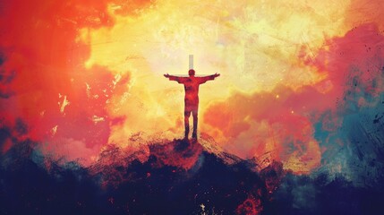 Fototapeta premium Man in worship in front of the cross in the dramatic cloudy sky.