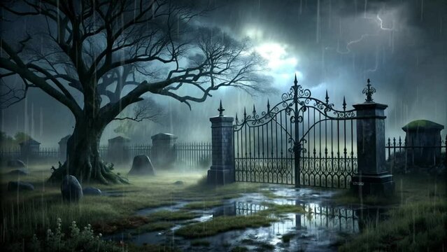 cemetery gate with big tree and stormy weather