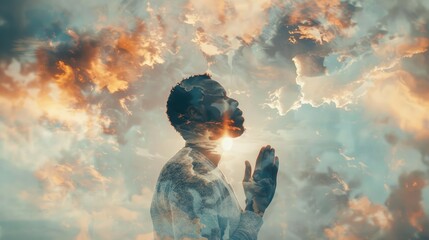 Double exposure of man praying against sky background with clouds and light. - obrazy, fototapety, plakaty