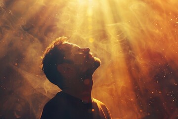 Young man praying in the smoke on the background of the rays of the sun. Worship. - obrazy, fototapety, plakaty