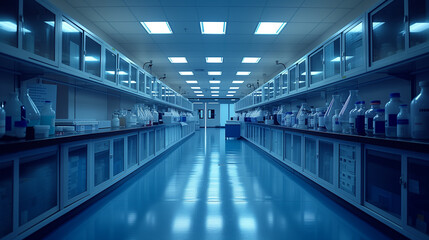 a long hallway in a laboratory filled with lots of bottles and shelves
